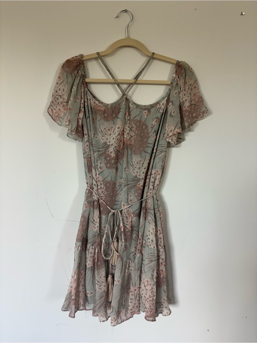 LoveShack Fancy, Sage and pink Mini Dress with Blush Floral Print
